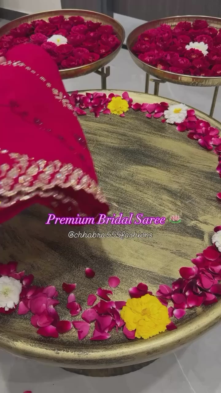 Solid Red Bridal Saree with Zircon Embellishments & Scallop Border