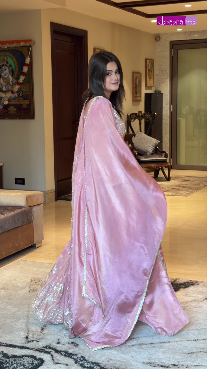 Silk Sequin Embellished & Zari Buti Anarkali Gown with Dupatta in Baby Pink