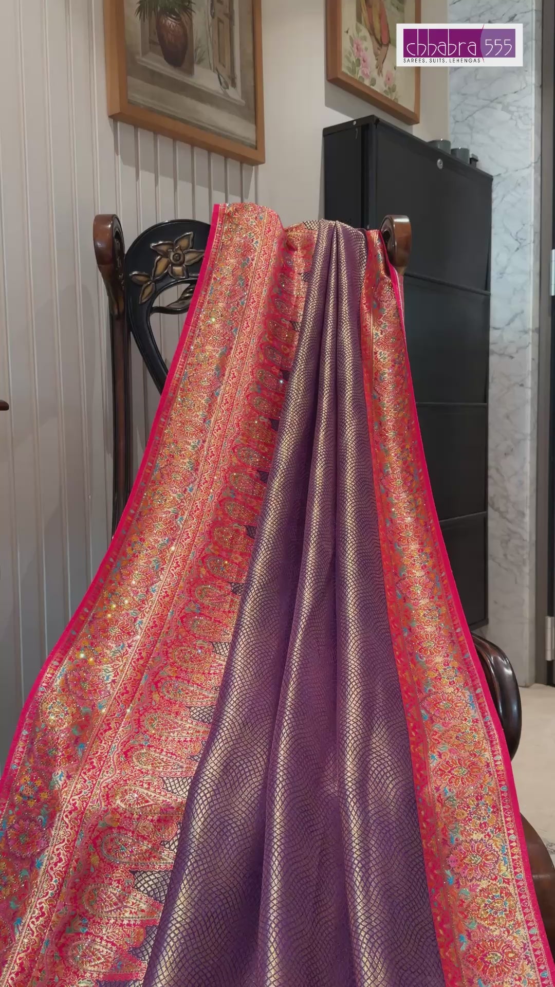 Wine Purple Banarasi Saree with Red Meenakari Zari Border and Tasselled Pallu