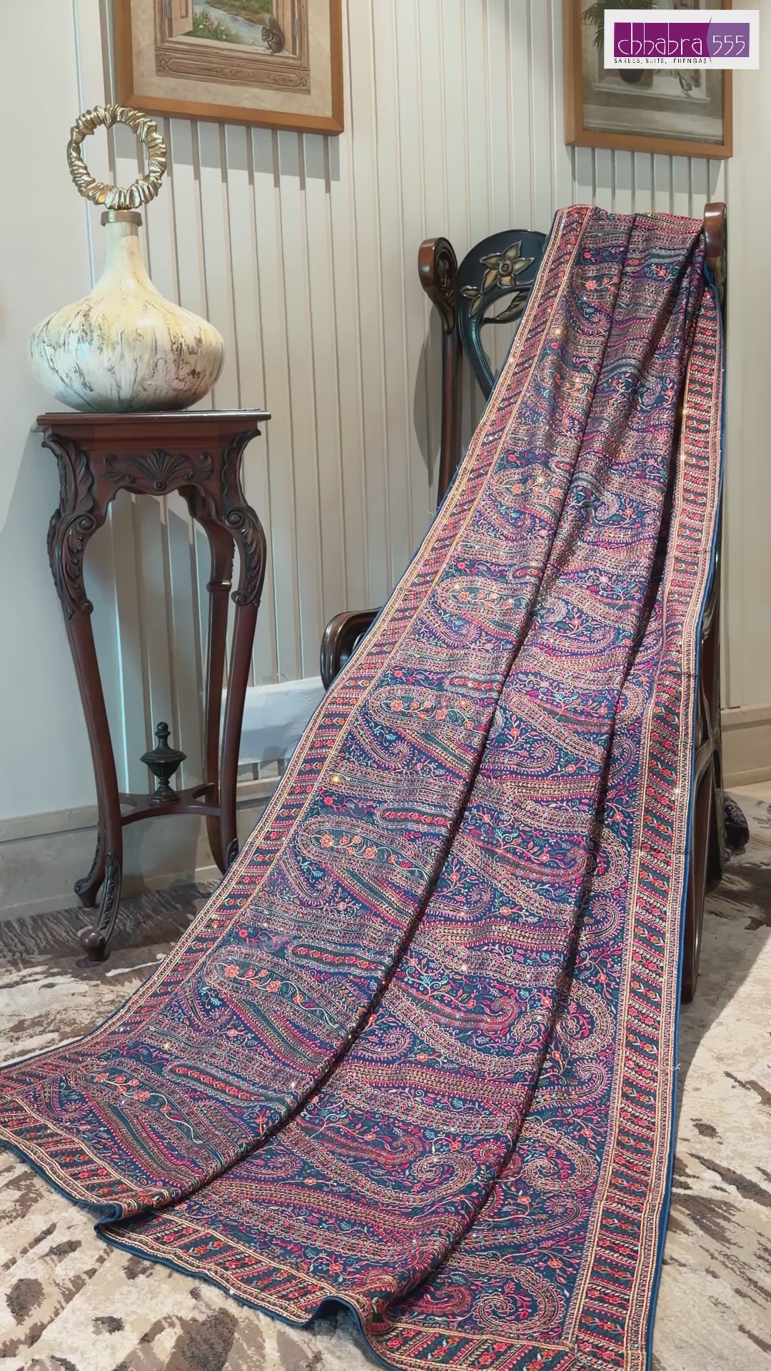 Navy Blue Kani Weave Silk Saree with Multicolour Paisley & Floral Jaal Pattern