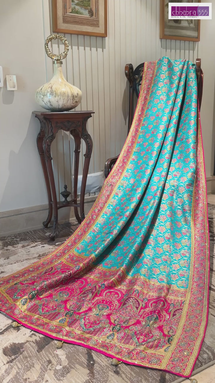 Teal Blue & Pink Banarasi Silk Saree with Meenakari Floral Jaal Weaving & Heavy Zari Paisley Border