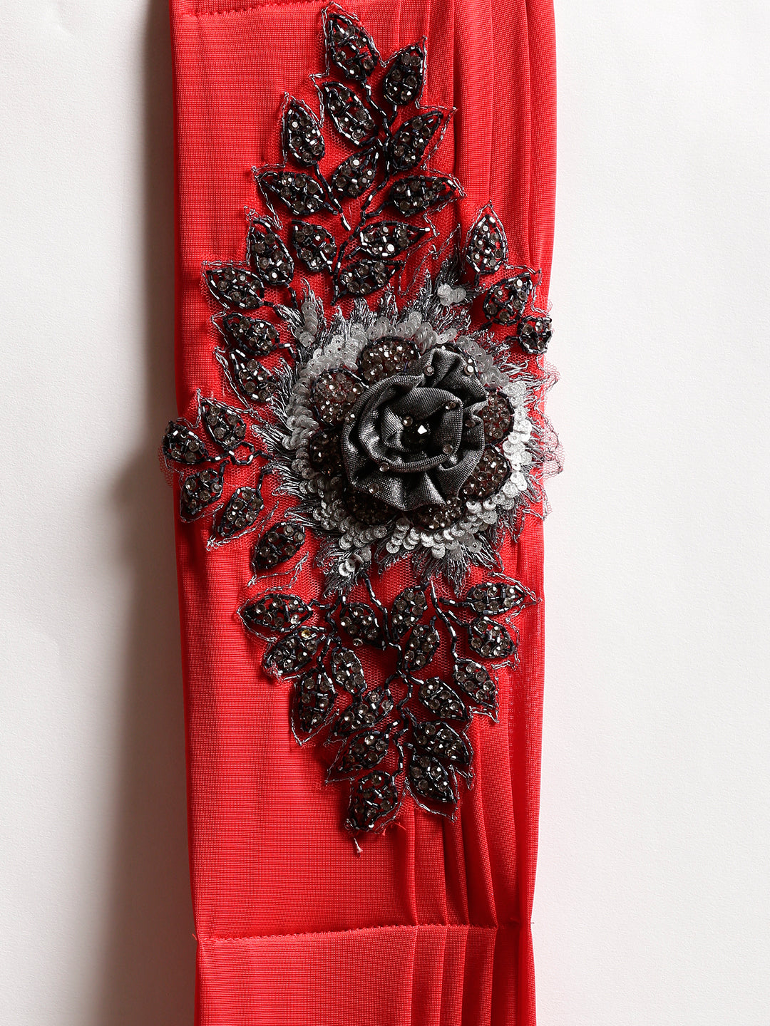 Draped Ruffled Pre-stitched Saree with Velvet Sequin Embellished Crop Top Blouse