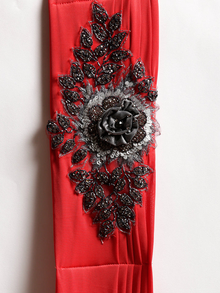 Draped Ruffled Pre-stitched Saree with Velvet Sequin Embellished Crop Top Blouse