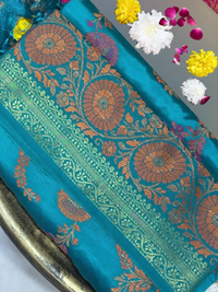 Teal Blue Banarasi Silk Saree with Zari floral and vines Motifs and Tassel Border