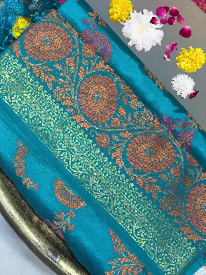 Teal Blue Banarasi Silk Saree with Zari floral and vines Motifs and Tassel Border