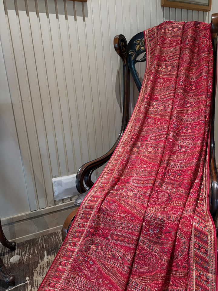 Georgette Heavy Multi-Thread & Sequin Embroidered Paisley & Floral Jaal Saree with Embroidered Border in Maroon