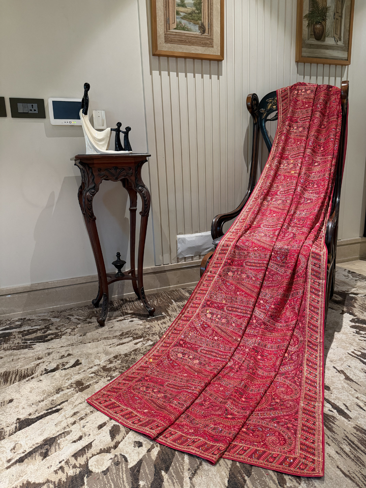 Georgette Heavy Multi-Thread & Sequin Embroidered Paisley & Floral Jaal Saree with Embroidered Border in Maroon