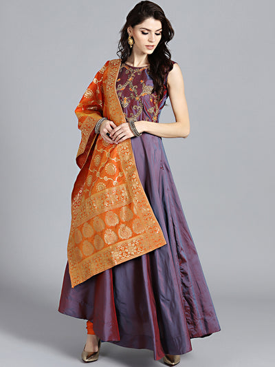 Chhabra 555 Two toned Orange Purple Embroidered Flared Suit with Zari Woven Banarasi dupatta