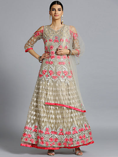 Chhabra 555 Made-to-Measure Beige Pink Floor Length Kurta set with Resham Embroidery and Mirror work