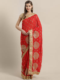 Chhabra 555 French Georgette Embroidered Saree with Red Zari Embroidery border and crystals