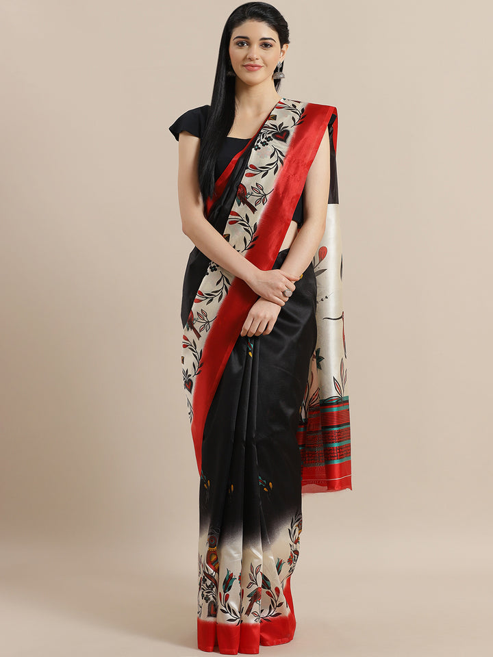 Chhabra 555 Black Bhagalpuri Silk Printed Digital Saree with Floral Design and Contrast Red Blouse