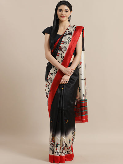 Chhabra 555 Black Bhagalpuri Silk Printed Digital Saree with Floral Design and Contrast Red Blouse