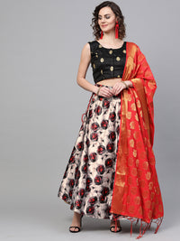 Chhabra 555 Made-to-Measure Red Black Roses Digital Print Lehenga with Banarasi Dupatta