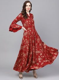 Chhabra 555 Maroon Cotton Embellished Flared Kurta Dress with Foil Print and Layered Bell Sleeves