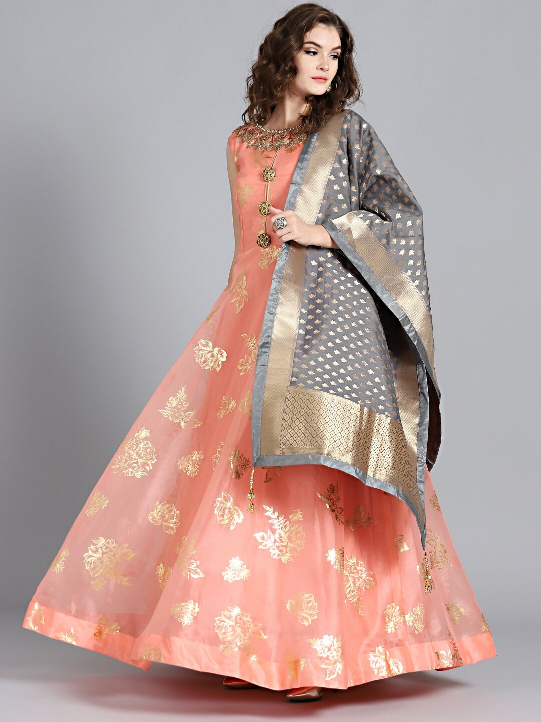 Chhabra 555 Peach & Grey Tissue Foil Print Hand Embroidered Stitched Anarkali Kurta Set With Heavy Banarasi Dupatta