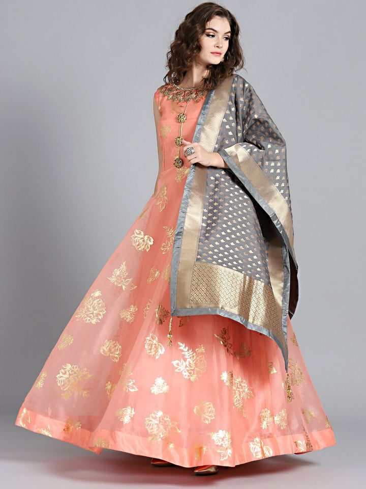 Chhabra 555 Peach & Grey Tissue Foil Print Hand Embroidered Stitched Anarkali Kurta Set With Heavy Banarasi Dupatta