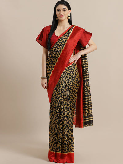Chhabra 555 Ikat Inspired Black Bhagalpuri Silk Digital Printed Saree with Colorblocking Red Border