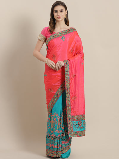 Chhabra 555 Kantha inspired Half and Half Banarasi Silk saree with Zari and Resham Embroidery