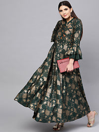 Chhabra 555 Cotton Embellished Flared Kurta Dress with Foil Print and Layered Bell Sleeves