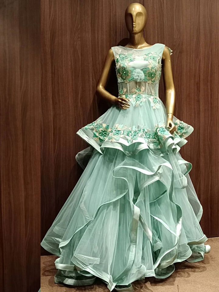 Green Net Flared Barbie Style Gown with Floral Resham Embroidery