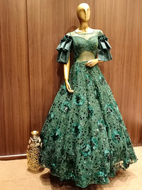 Green Cocktail Flared Sequence Gown with Stylised Ruffled Sleeves