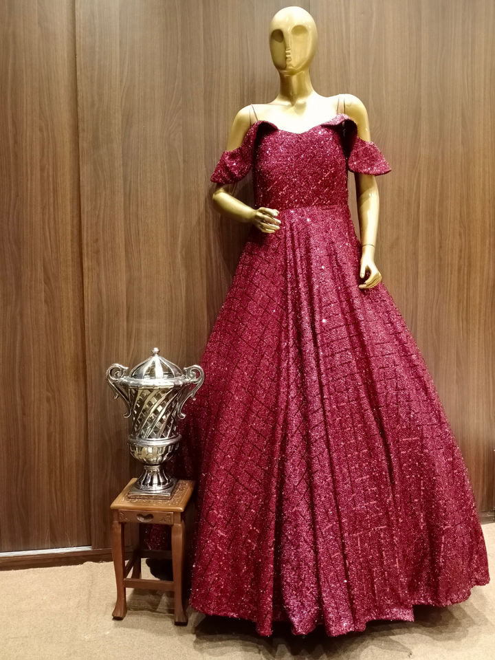 Maroon Flared Sequin Embellished Gown With Cold Shoulder Sleeves