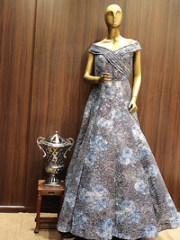 Grey Blue Digital Print Flared Lycra Gown with Floral Embroidery