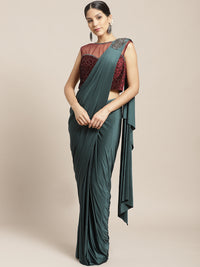 Ruffled Pre-stitched Saree with Emellished Brooch, Frills and Contrast Embossed Blouse
