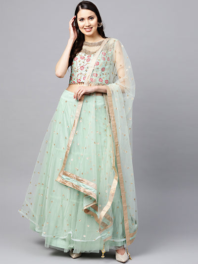 Chhabra 555 Made-to-Measure Sea green Crop Top Lehenga Set with Zari Resham Embroidery and Layered Skirt