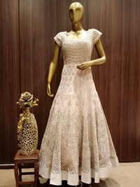 Beige Net Anarkali With Heavy Embroidery And Dupatta