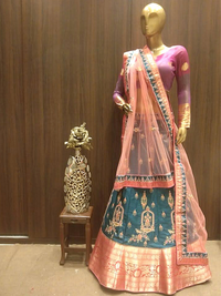 Green Semi-Stitched Lehenga with Contrast Dupatta & Blouse With Placement  Embroidery