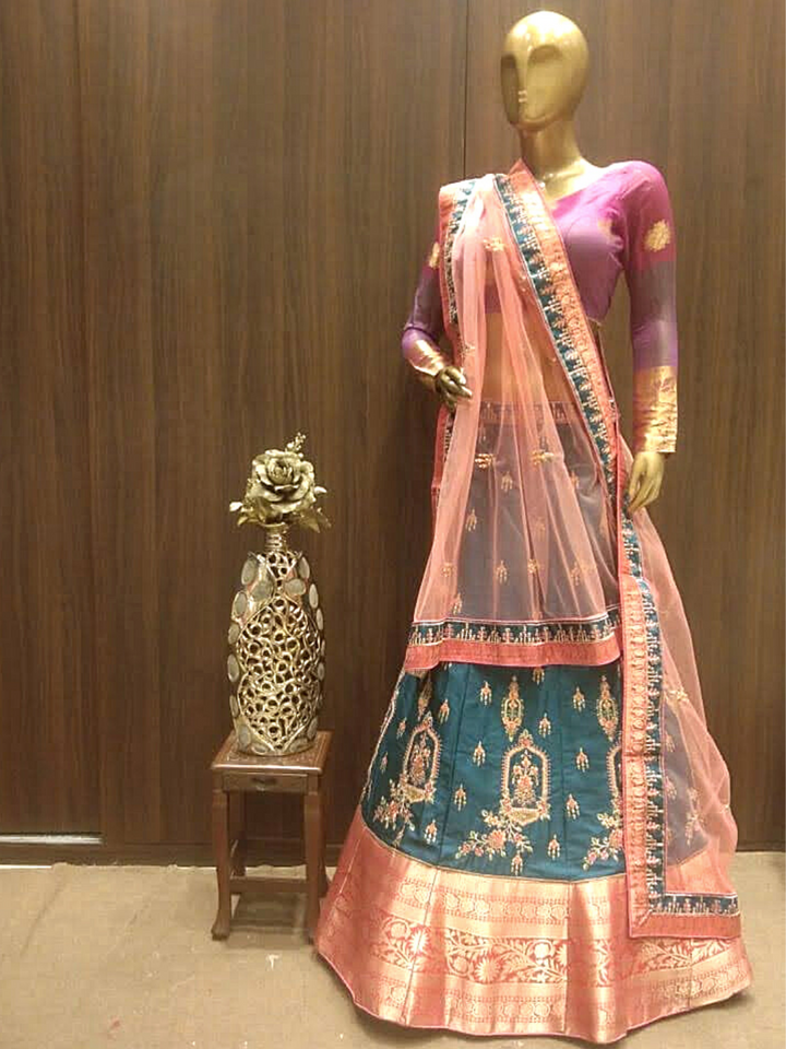 Green Semi-Stitched Lehenga with Contrast Dupatta & Blouse With Placement  Embroidery