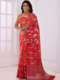 Red Floral Silver & Zari Banarasi Silk Woven Saree