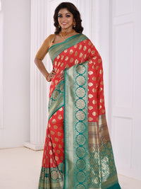 Coral Banarasi Silk Saree With Contrast Border & Pallu