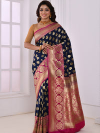 Navy Blue Banarasi Silk Saree With Contrast Border & Pallu