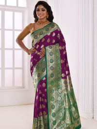 Purple Banarasi Silk Saree With Bold Contrast Green Border & Pallu