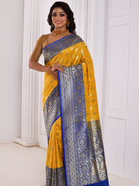 Yellow Banarasi Silk Saree With Bold Contrast Blue Border & Pallu