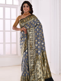 Grey Banarasi Silk Saree With Bold Contrast Border & Pallu