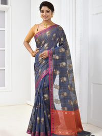 Blue Chanderi Silk Floral Woven Banarasi Saree With Contrast Pallu