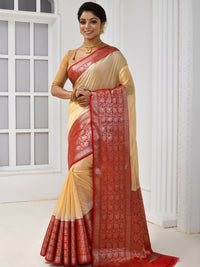 Cream Silk Solid Banarasi Saree Embellished With Banarasi Red Border