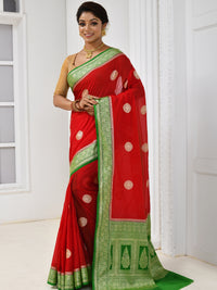 Red Silk Solid Banarasi Saree Embellished With Contrast Green Border