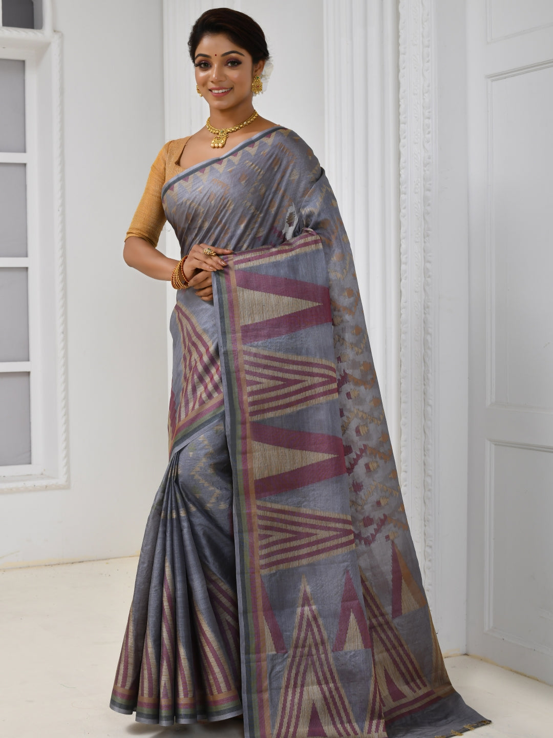 Grey Geometric Patterned Chanderi Silk Saree