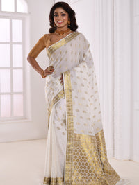White Banarasi Silk Half Half Patterned Golden Zari Woven Saree