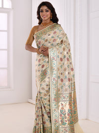 White Multi Color Floral Woven Banarasi Silk Embellished Saree