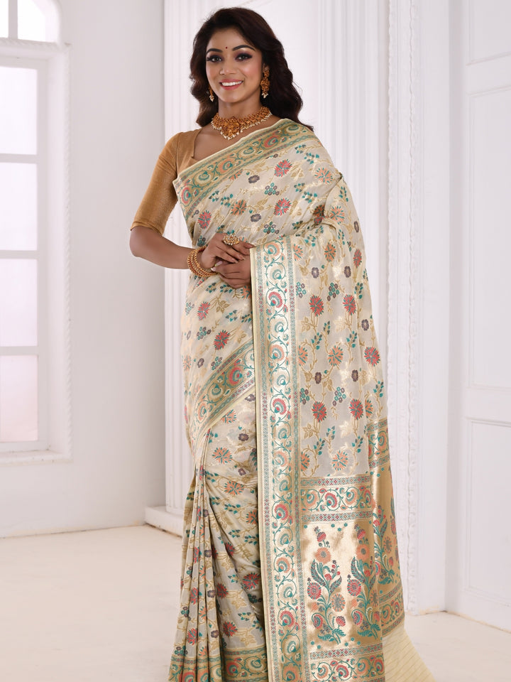 White Multi Color Floral Woven Banarasi Silk Embellished Saree