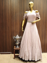 Pastel Pink Sequence Embellished Cocktail Gown with Ruffled Stylised Sleeves