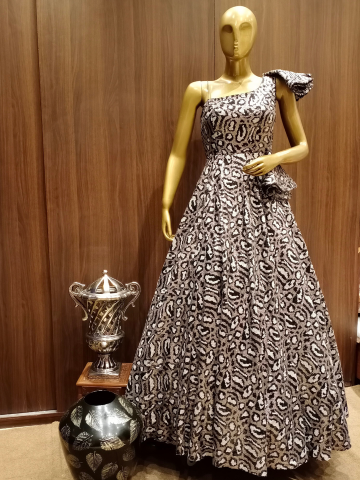 Ruffled Shoulder Flared Sequence Gown With Black,Gold Embellishments