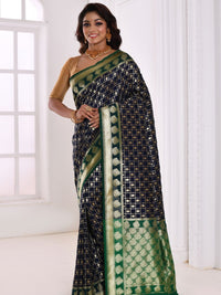 Navy Blue Checked Banarasi Silk Saree With Contrast Border & Pallu