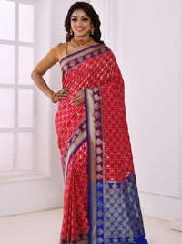 Red Checked Banarasi Silk Saree With Contrast Border & Pallu