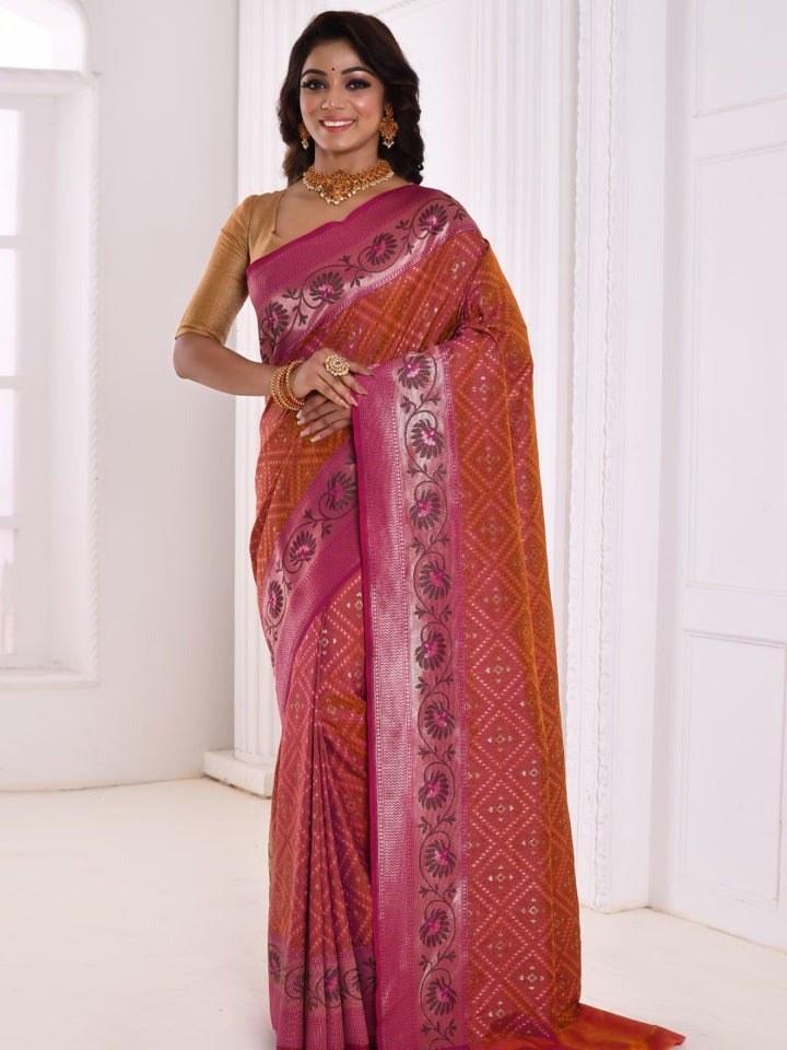 Banarasi geometric Pattern Silk Saree With Contrast Floral Border